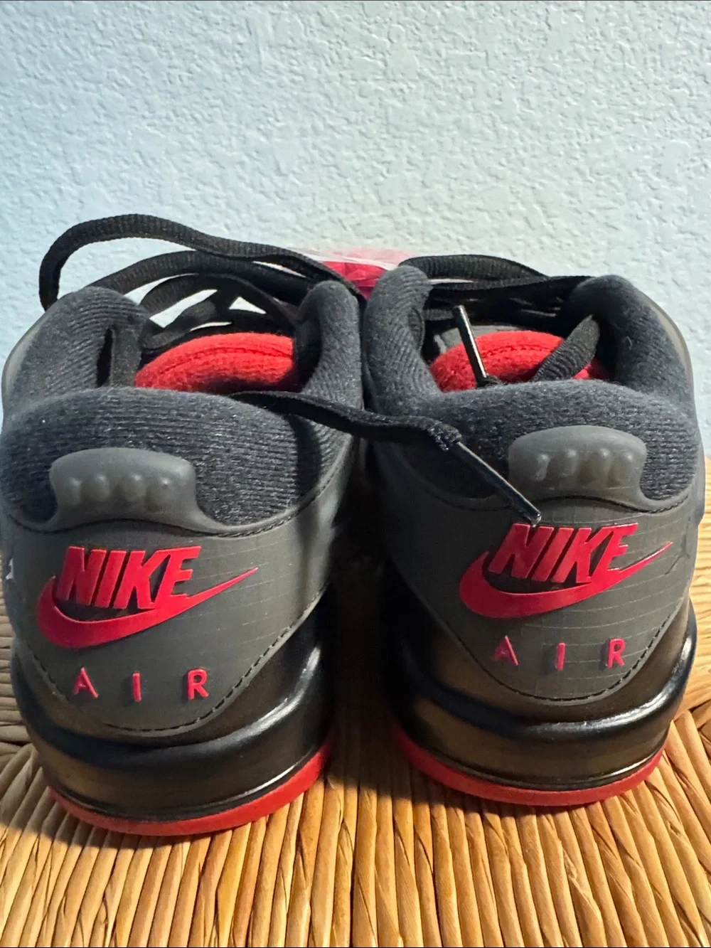Jordan Men's Black Sneakers with Red Accents and Extra Red Laces